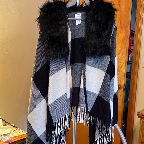 J. Crew Jackets & Blazers - J. Crew Black and Gray Patterned Poncho with Faux Fur. OS. Good condition